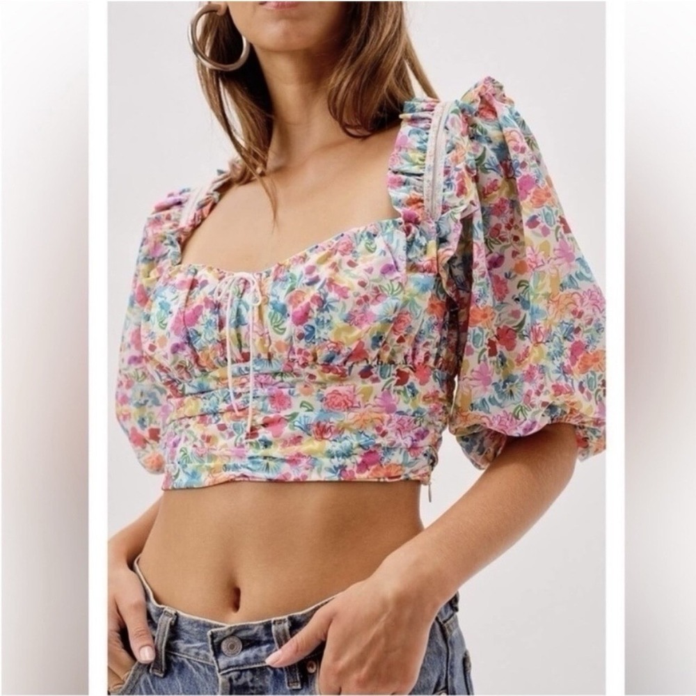 For Love and Lemons‎ Womens Floral Puff Sleeve Crop Top Sz L Coquette Milkmaid
